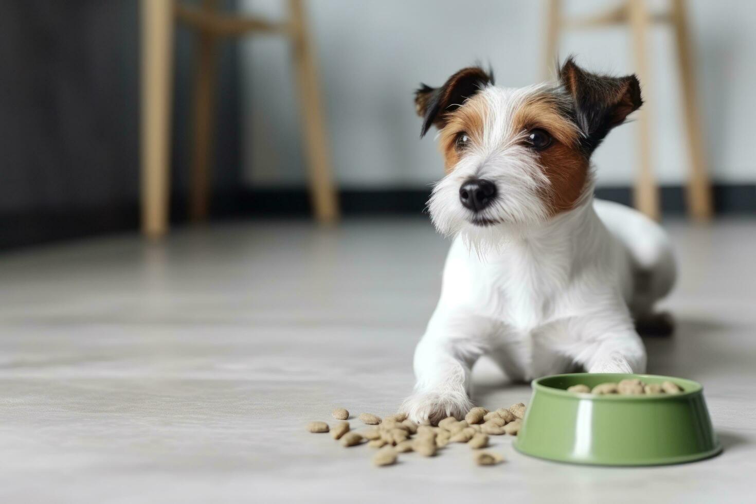 hund i en vit Tröja äter mat från en grön skål på en grå golv foto