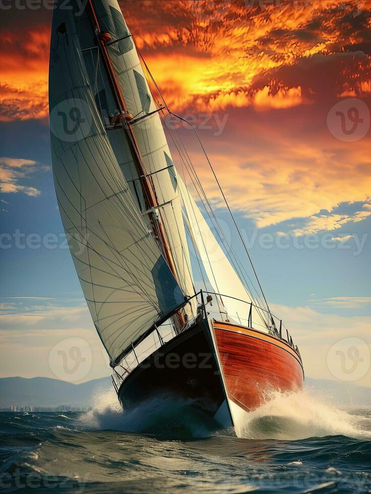 segling Yacht i de hav på solnedgång foto