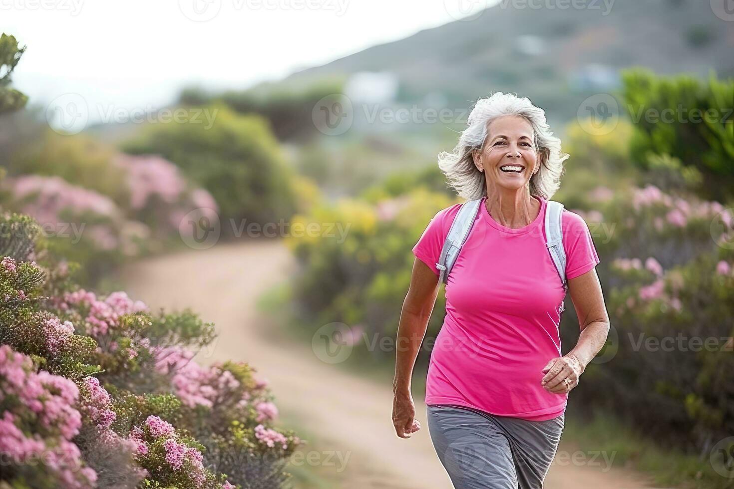 Lycklig senior joggning i utomhus- - ai generativ foto