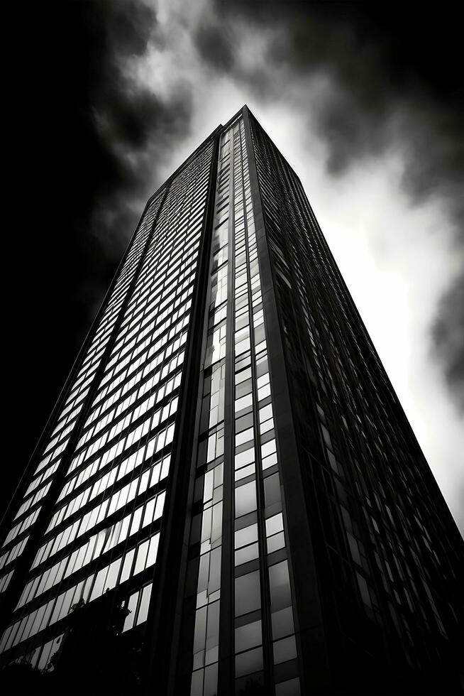 svart och vit vertikal Foto av de arkitektur av höghus byggnader. ai generativ konst