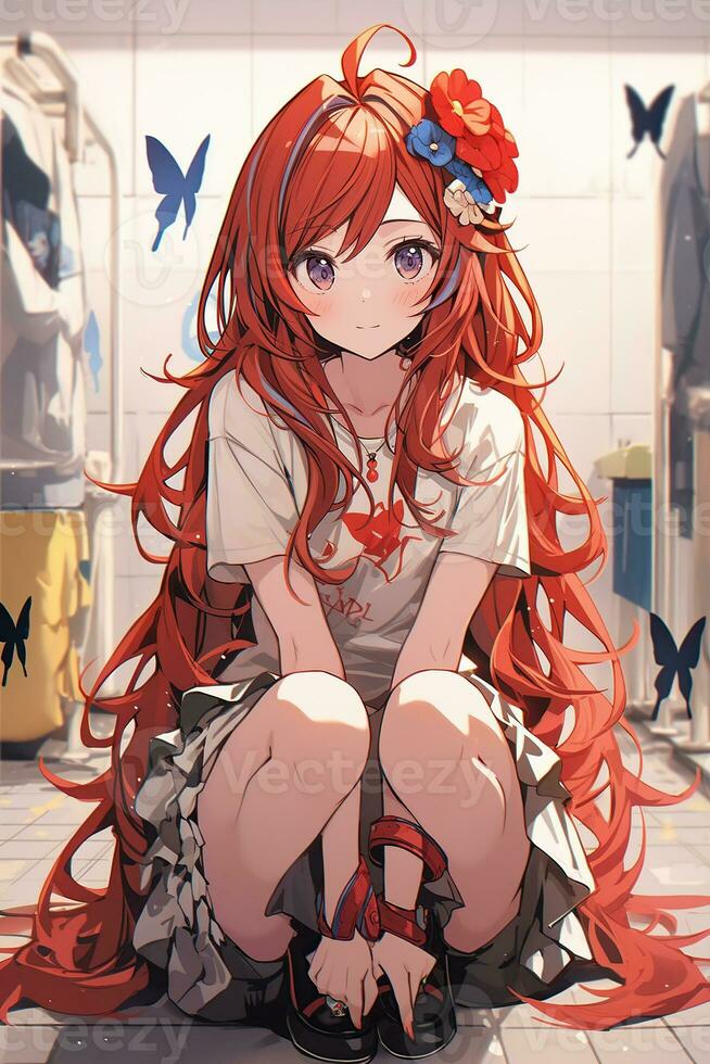 Söt anime flicka med röd hår drog tillbaka. skapas med generativ ai foto