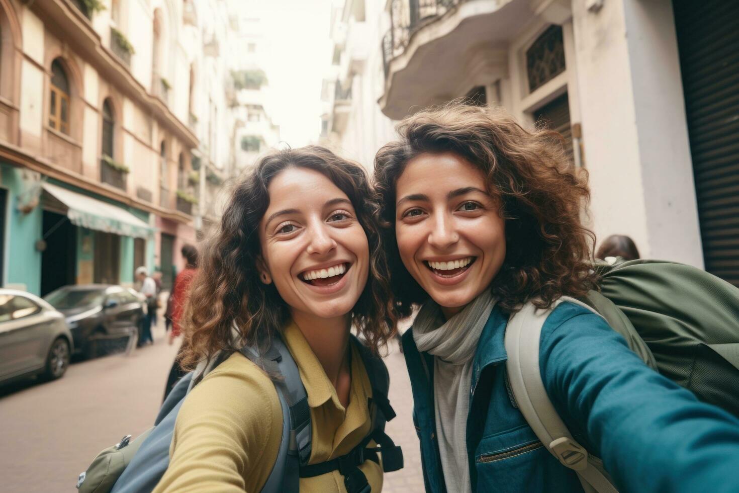 två resenärer tar selfie och tar bilder foto