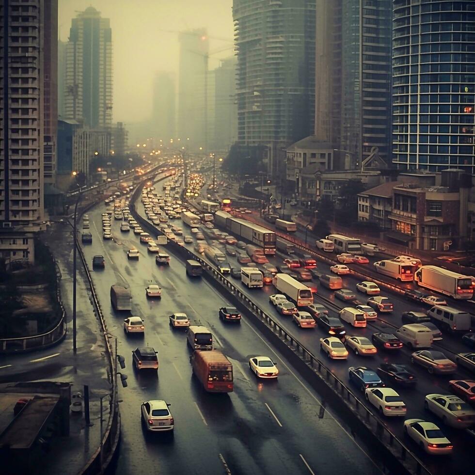en Foto av natt trafik. massor av bil lampor gyllene tapet och bakgrund. generativ ai