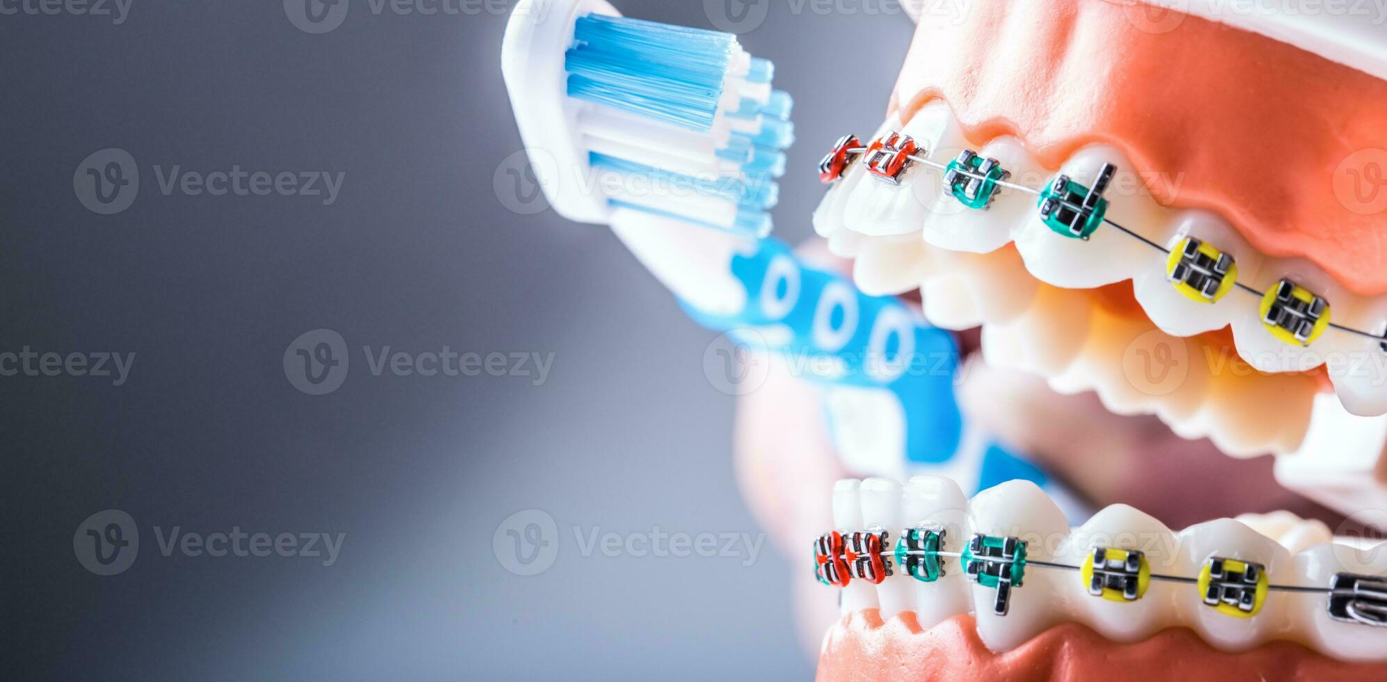 närbild tänder tandställning och tand borsta som ett exempel av tandborstning foto