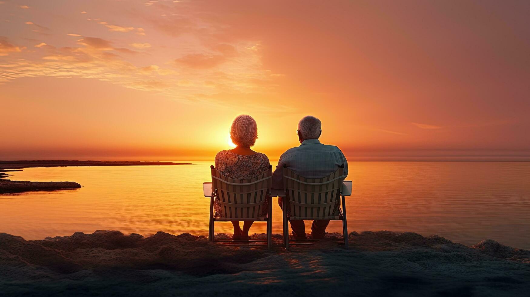 äldre par njuter solnedgång förbi de hav. silhuett begrepp foto