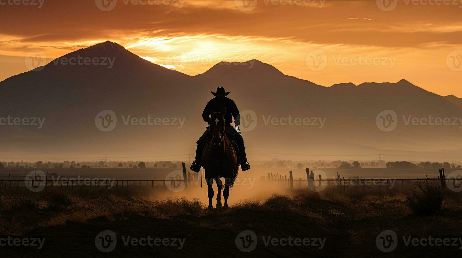 cowboy på häst innan de brobyggare bergen i montana på soluppgång. silhuett begrepp foto