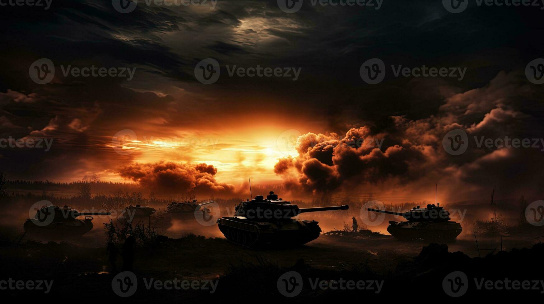 slåss scen på natt med tysk tankar och armerad fordon stridande under en molnig himmel silhuett med krig dimma foto