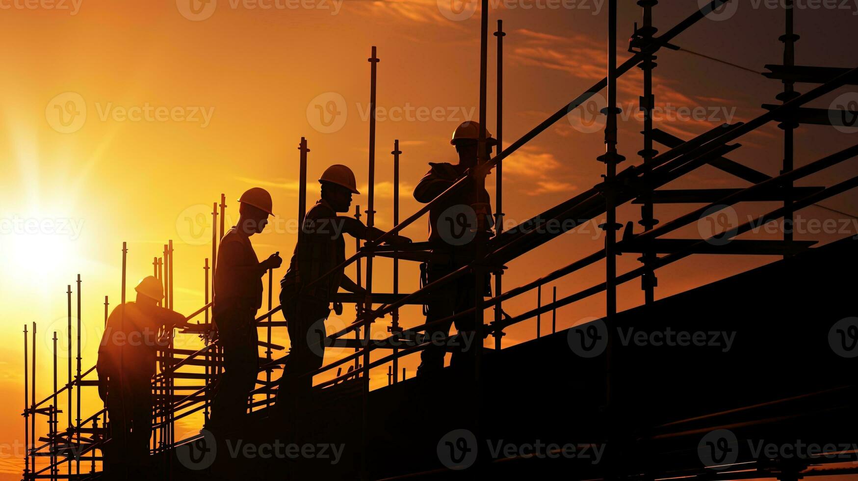 konstruktion arbetare på byggnadsställning arbetssätt i intensiv solljus skuggad silhuett foto