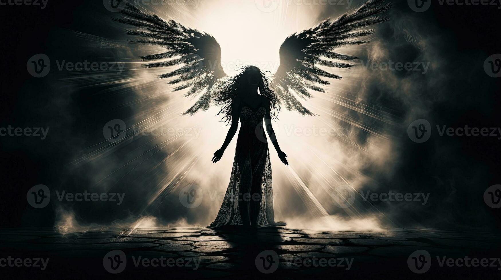 ett ängel med vingar stående i de mörk foto