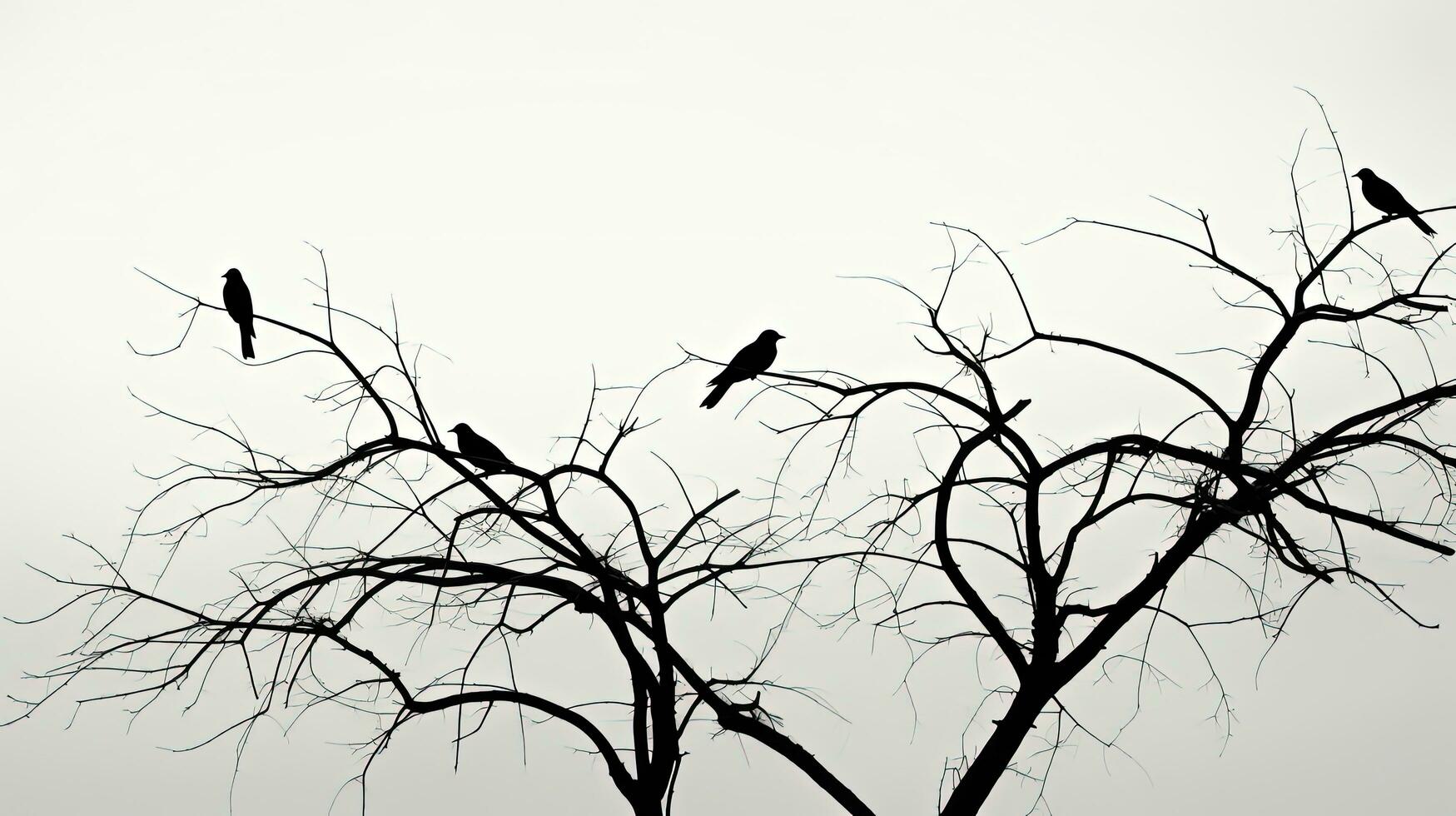 svartvit bild av fågel skuggor på träd grenar. silhuett begrepp foto