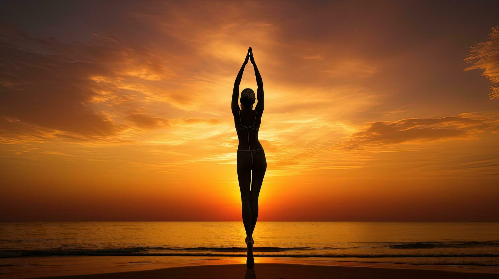 kvinna gymnast s skugga i strand solnedgång. silhuett begrepp foto