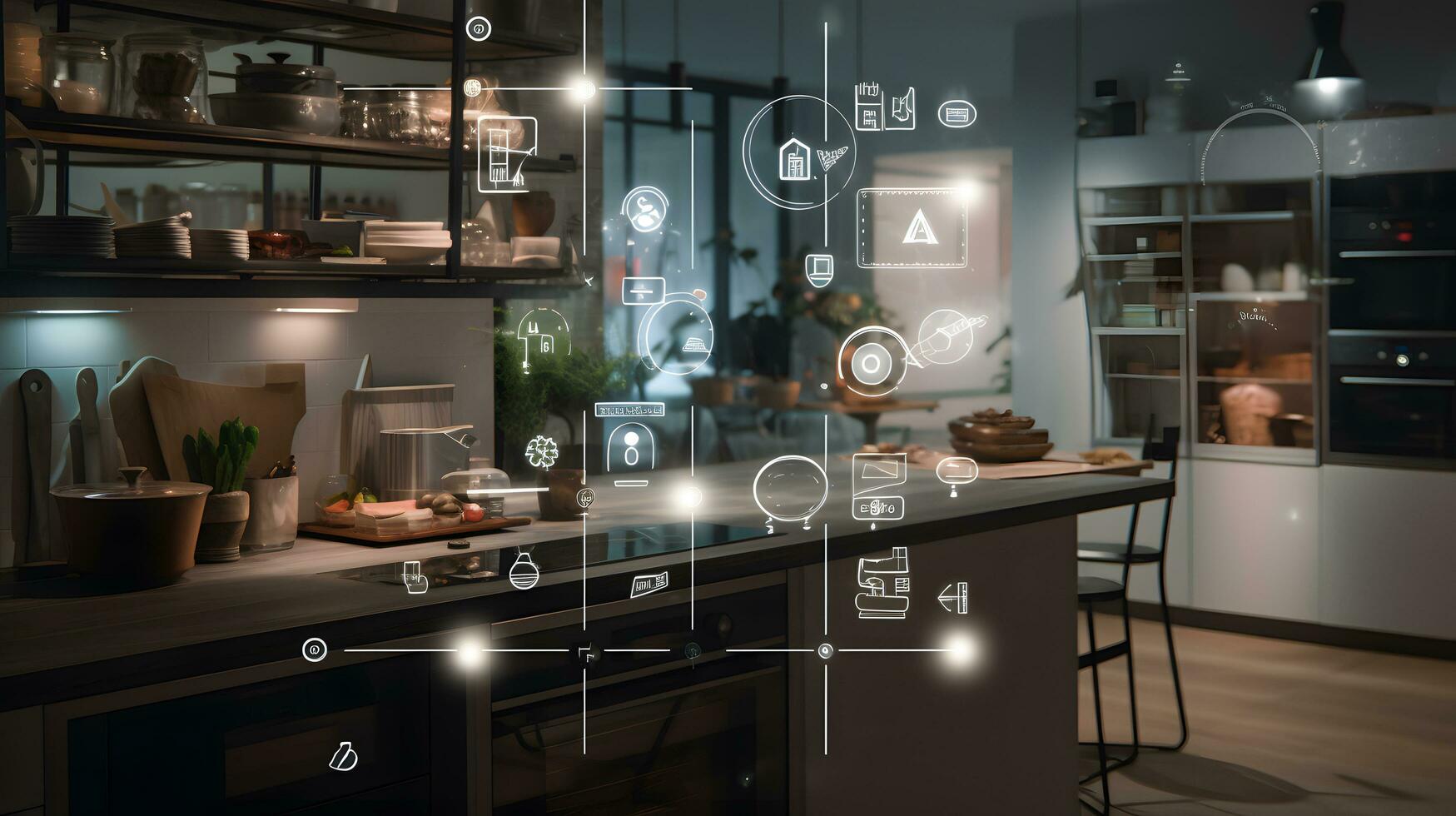 visa upp de sömlös bekvämlighet av en kök Levande med smart apparater ai generativ foto