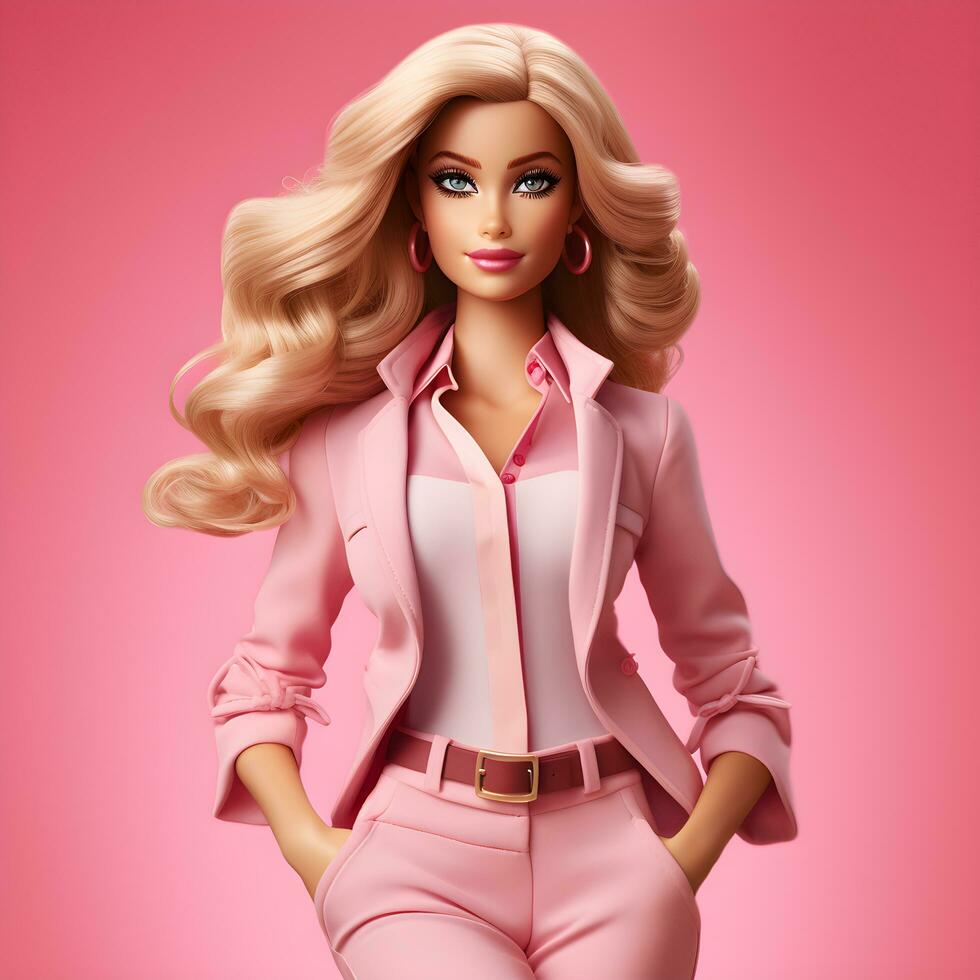 barbie docka söt 3d blond flicka utrusta med fast rosa och vit Färg bakgrund foto