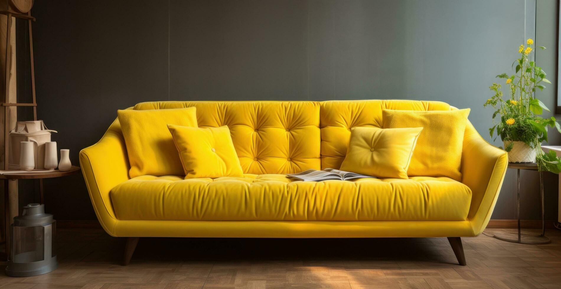 modern gul soffa på trä- säng ram foto