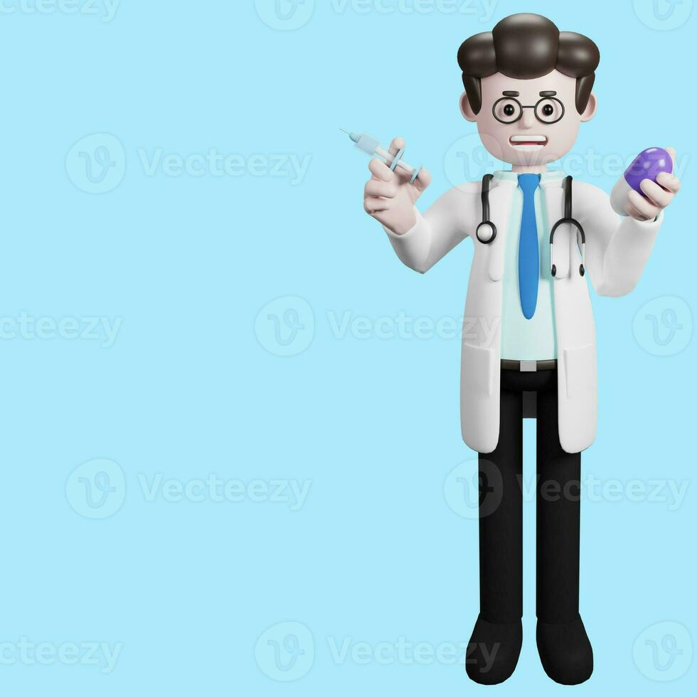 3d tolkning av en tecknad serie läkare karaktär. illustration av manlig doktorspresentation klämma konst. foto