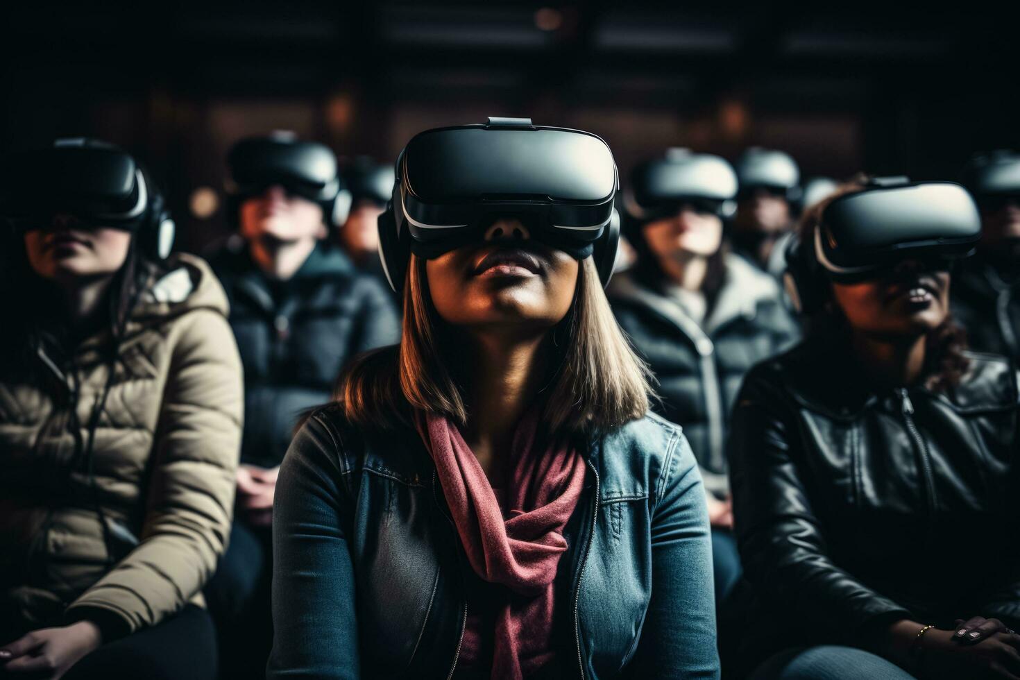 människor i vr headsets på deras huvuden i de virtuell verklighet foto