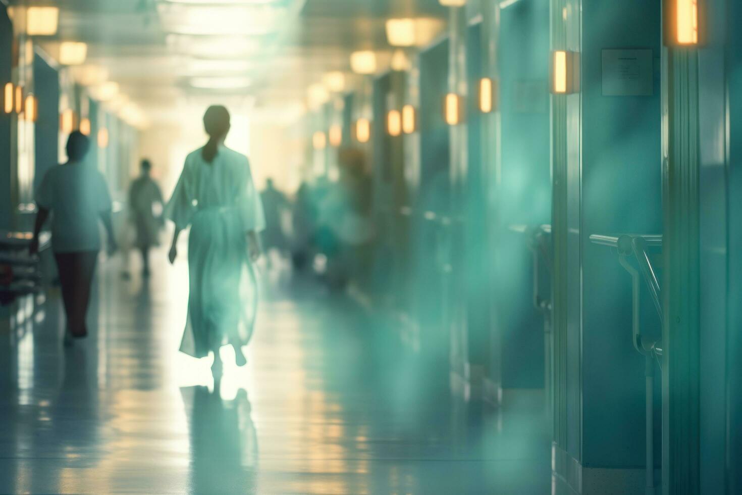 medicinsk personal rör på sig genom sjukhus korridor foto