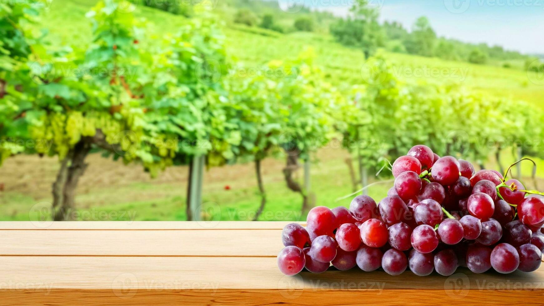trä- tabell med färsk röd vindruvor och fri Plats på natur suddig bakgrund, vingård fält. genererad ai. foto