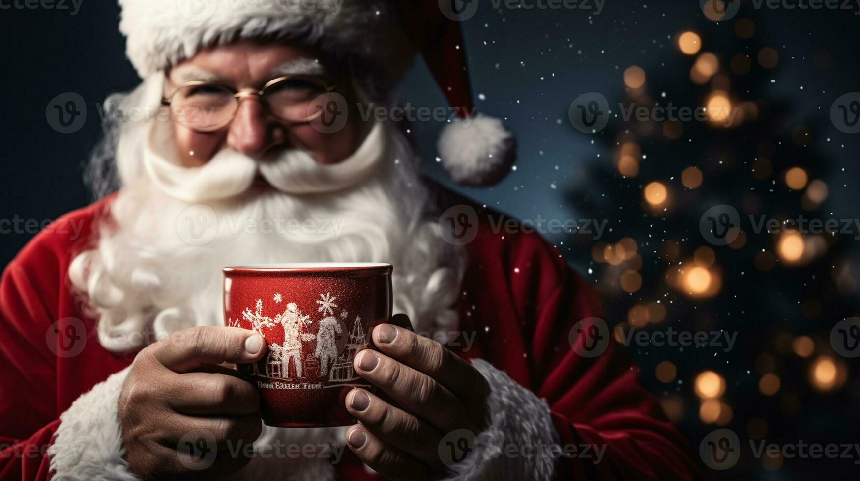 santa claus innehav en kopp av varm dryck i hans händer på mörk bakgrund ai genererad foto