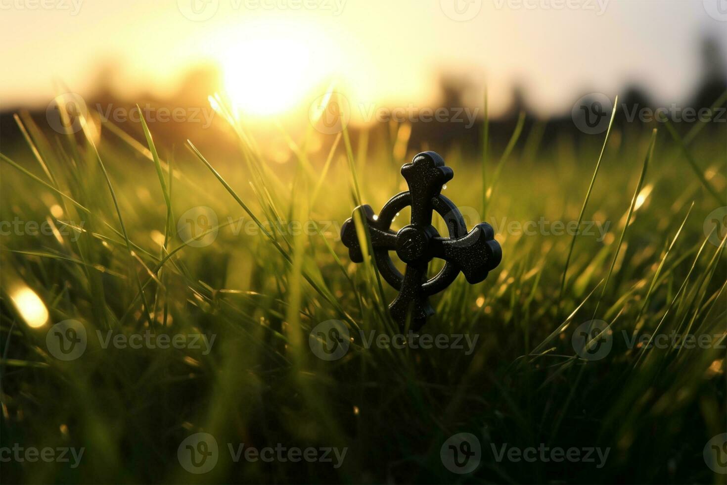 konceptuell svart korsa religion symbol silhuett i gräs över solnedgång eller soluppgång himmel genererad foto