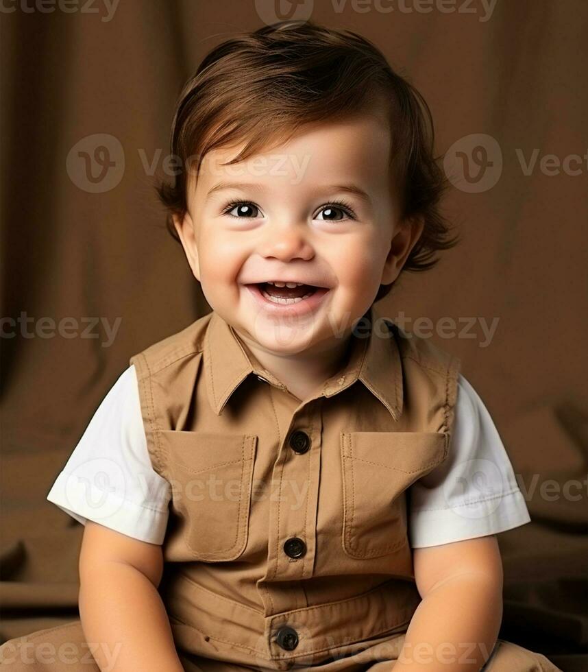 porträtt av en söt liten bebis i en värma brun jacka ai genererad foto