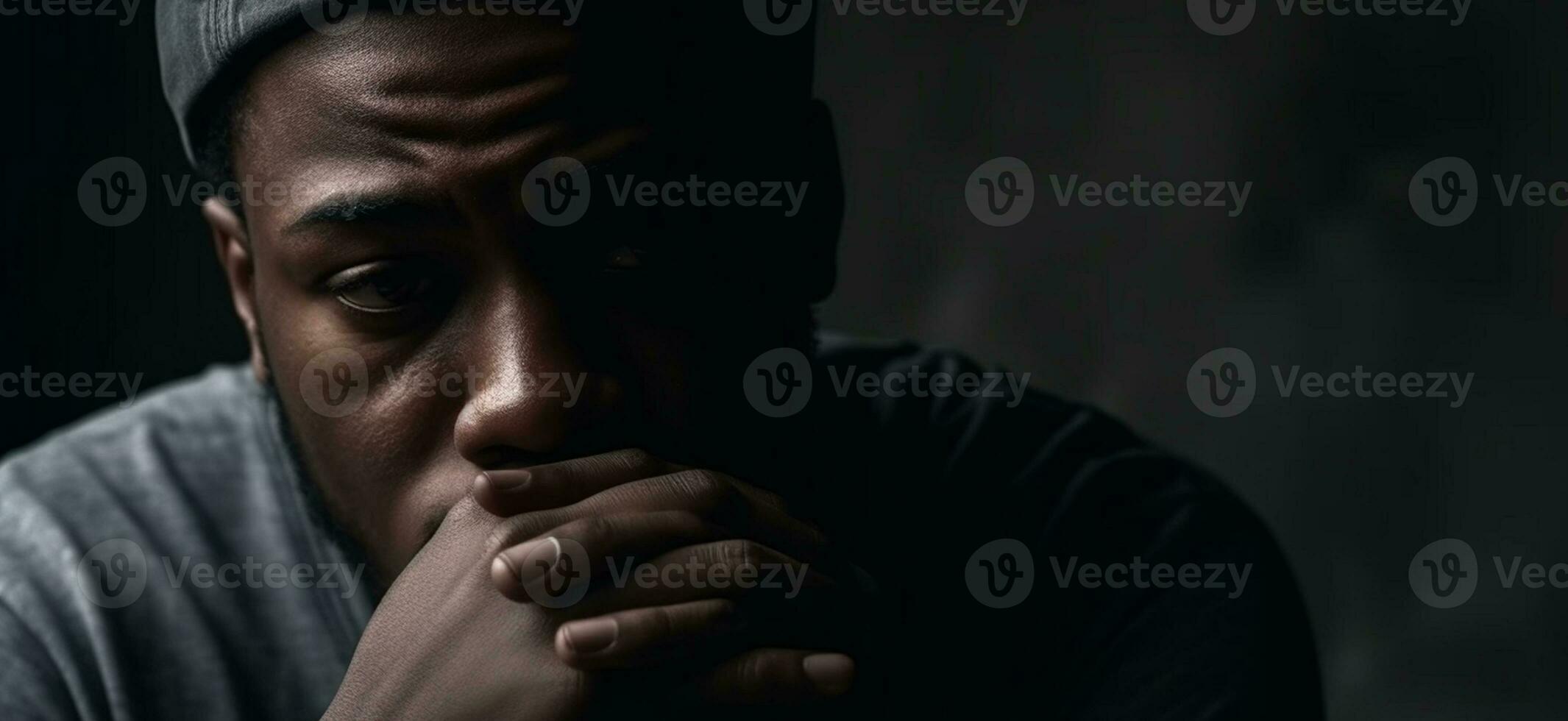 han är fick hans huvud ner. svart afrikansk amerikan man skildrar en ledsen depressiv stat, depression begrepp text copy baner bakgrund ai genererad foto