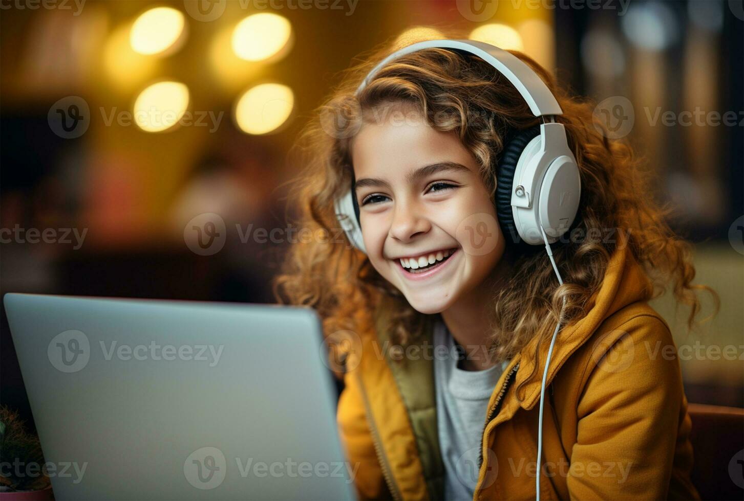porträtt av söt liten flicka i hörlurar använder sig av bärbar dator medan Sammanträde i Kafé ai genererad foto