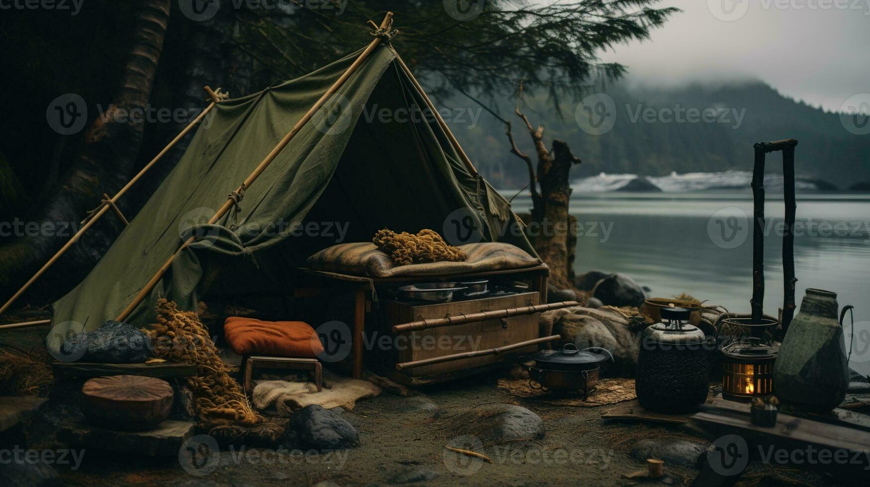 generativ ai, camping utomhus- begrepp i neutral dämpad färger, turist läger foto