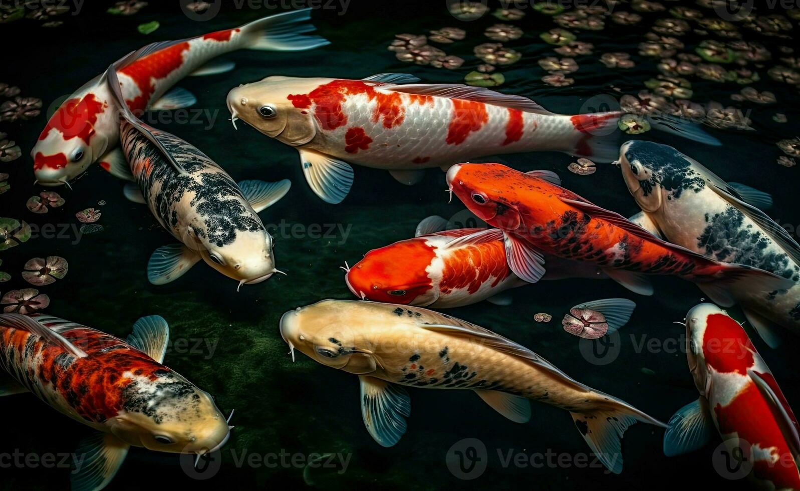 koi fisk färgrik simma på de damm svart bakgrund ai generativ foto