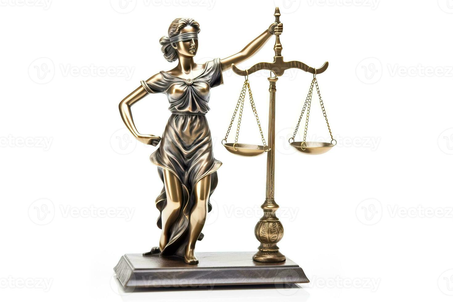 metall staty av lady rättvisa ögonbindel med skalor isolerat på vit foto