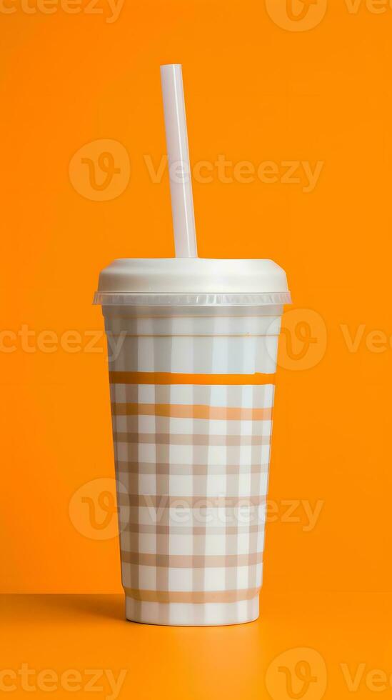 plast kopp med sugrör på orange bakgrund. ai genererad foto