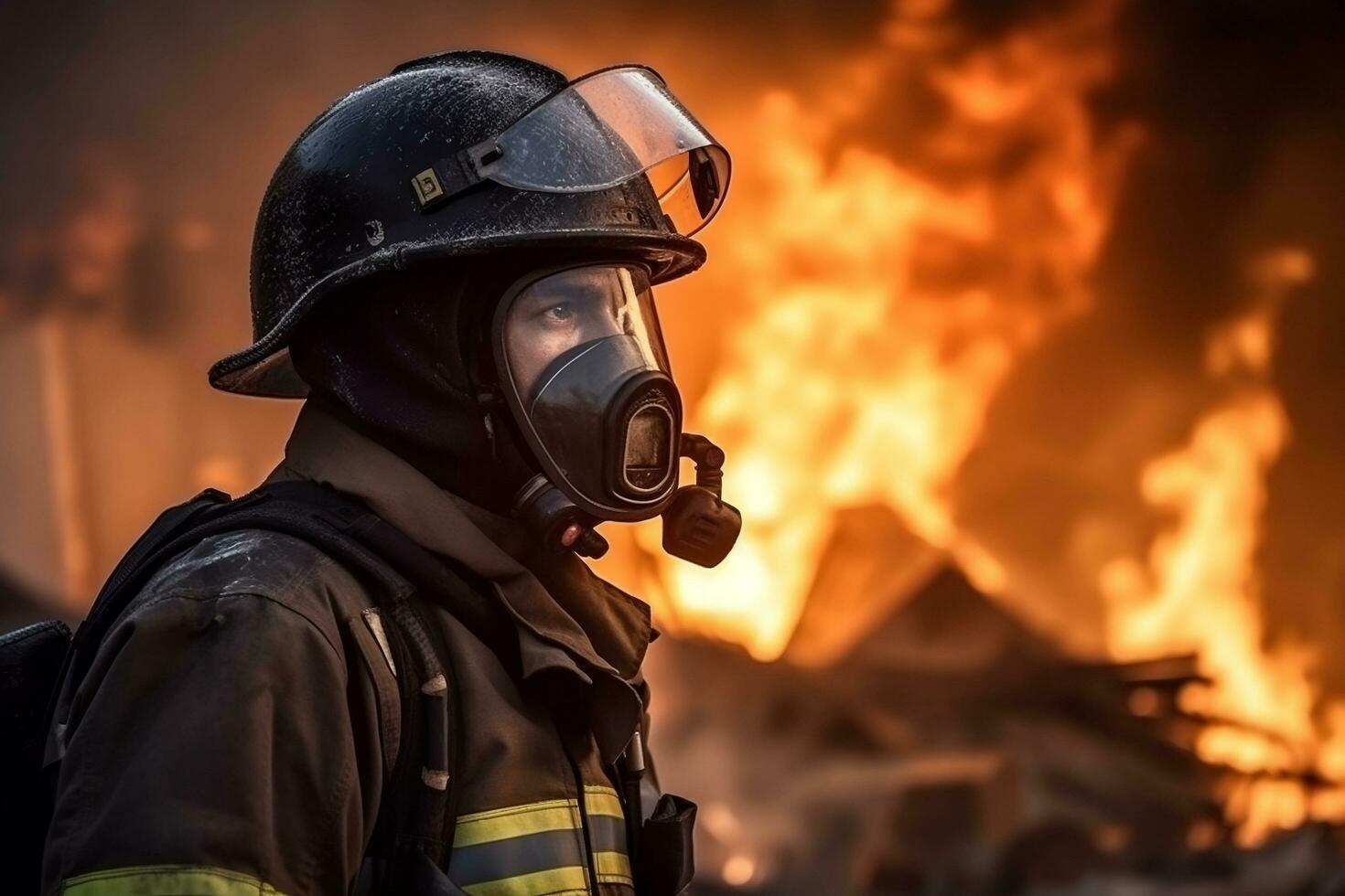 koncentrerad brandman med hjälm på verkan med brännhet brand på bakgrund generativ ai foto