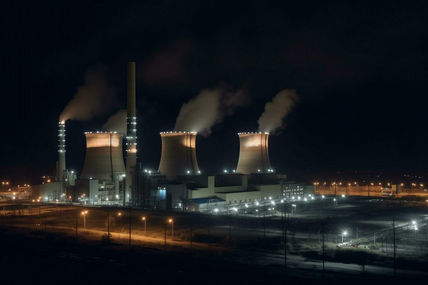 kol kraft växt komplex på bevakad industriell distrikt med tre skorstenar på natt generativ ai foto