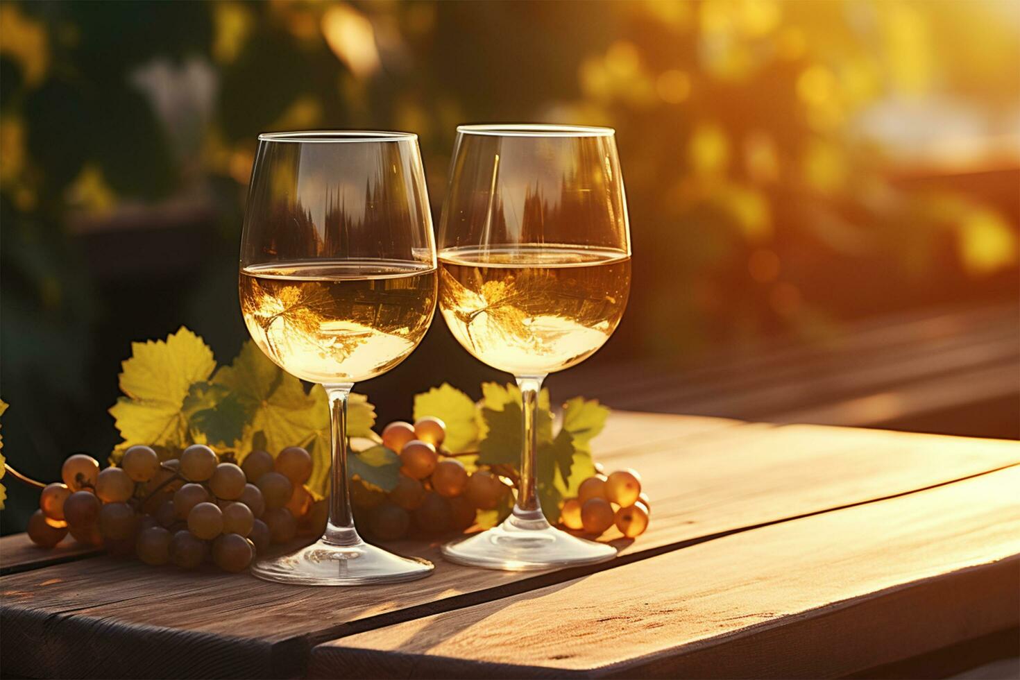 ai genererad glasögon av vit vin eras på trä- plankor. skön bakgrund. närbild i värma solnedgång ljus foto