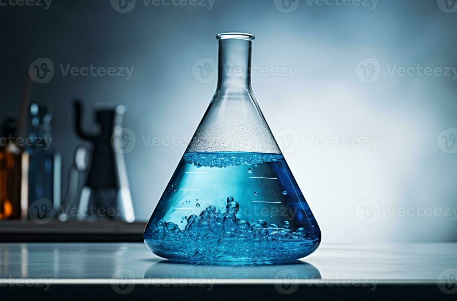 laboratorium glas med blå flytande ai genererad foto