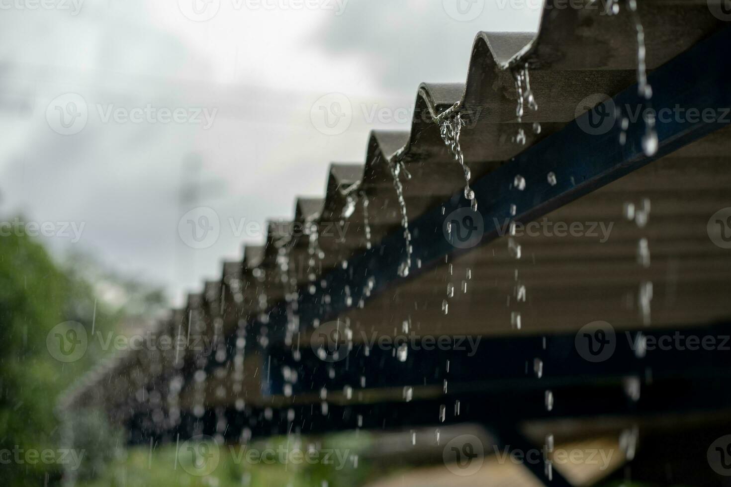närbild skott av regn från en regnstorm på de tak. regnig säsong. foto