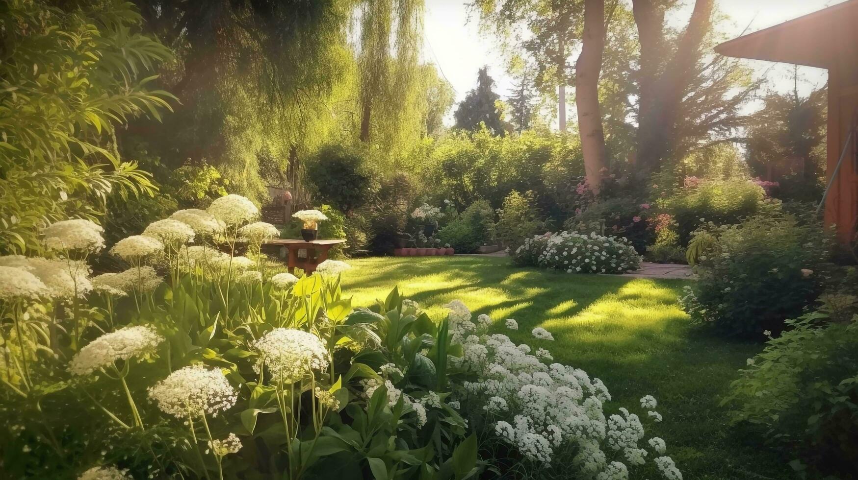 en lugn trädgård med blomning blommor och frodig grönska, ai genererad foto