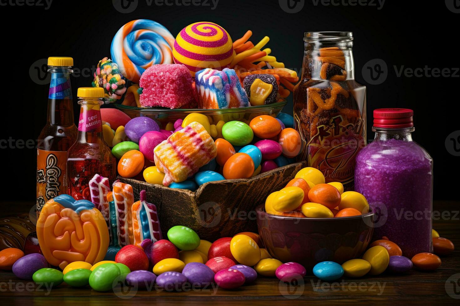 ai genererad. halloween godis och sötsaker på mörk bakgrund foto