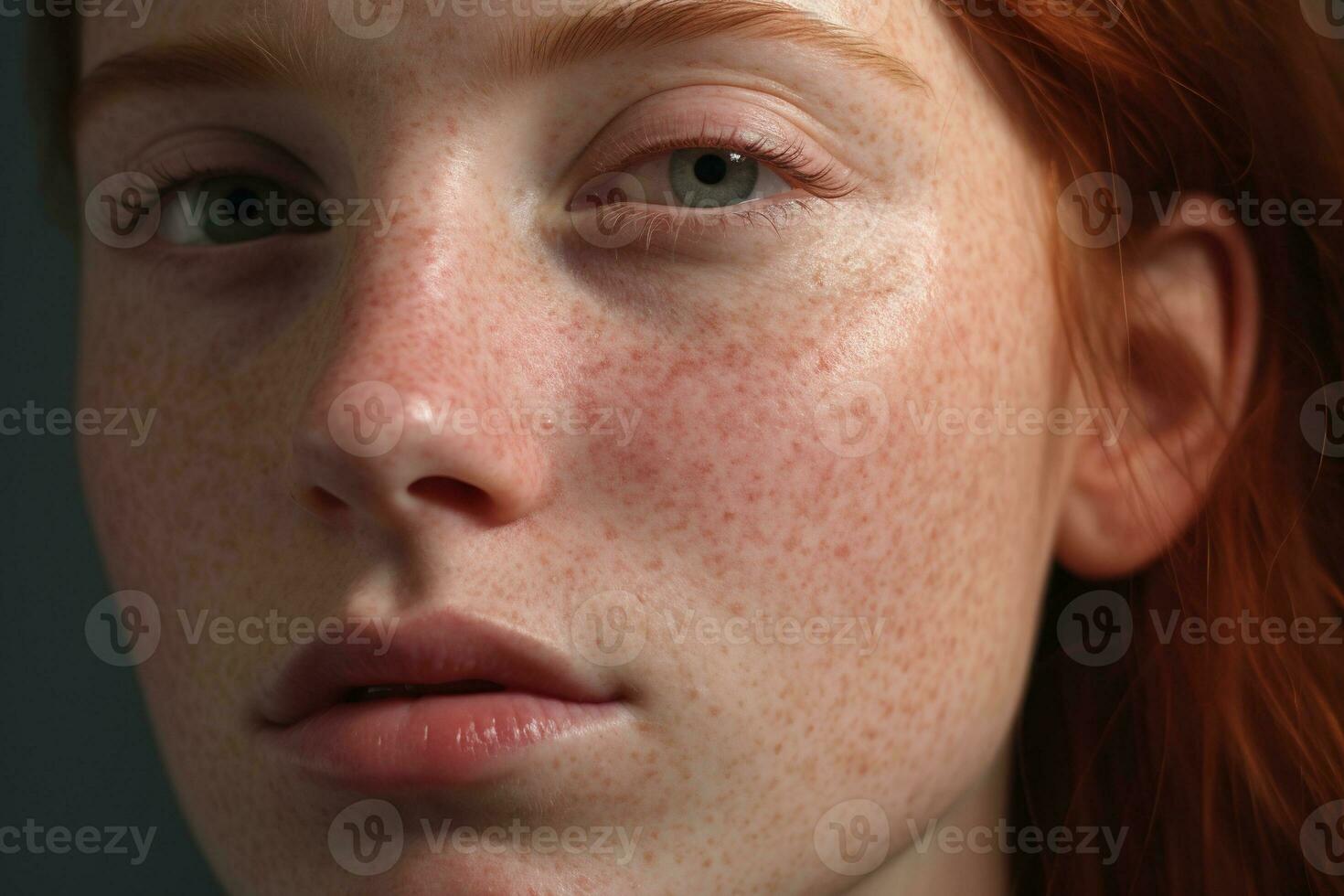 en stänga upp av en kvinna med fräknar, rosacea couperose rodnad hud ai genererad foto
