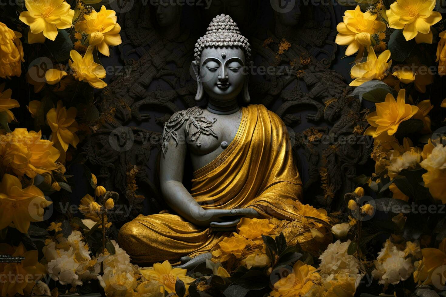 buddha staty omgiven förbi gul blommor ai genererad foto