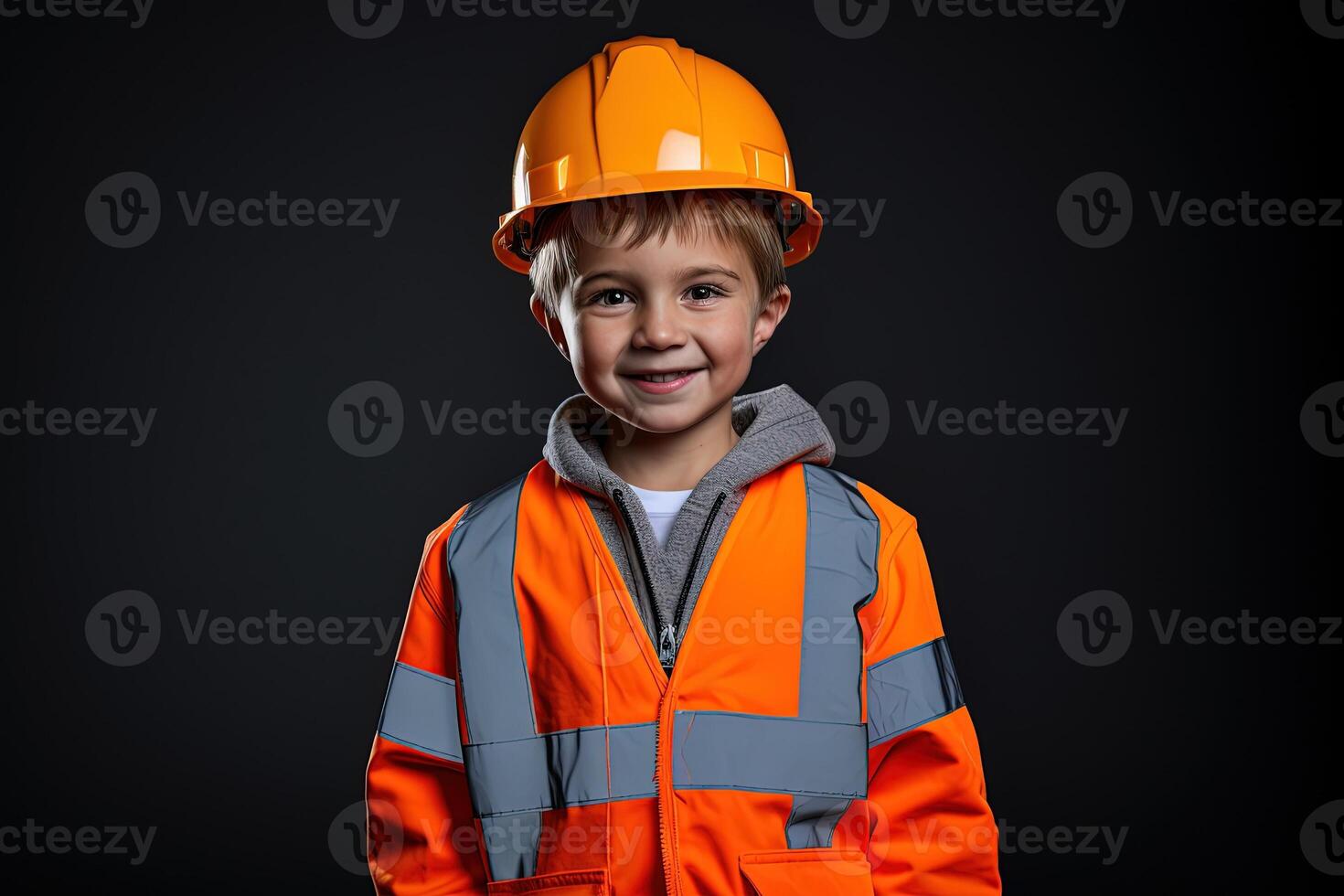 porträtt av en söt liten pojke i en konstruktion hjälm ai genererad foto