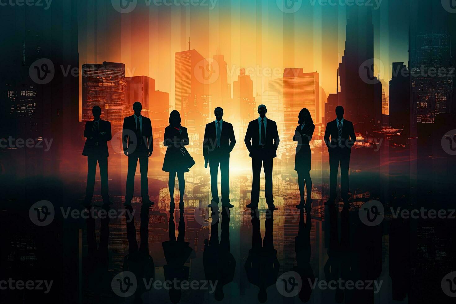 silhuetter av företag människor stående i främre av de stad bakgrund ai genererad foto