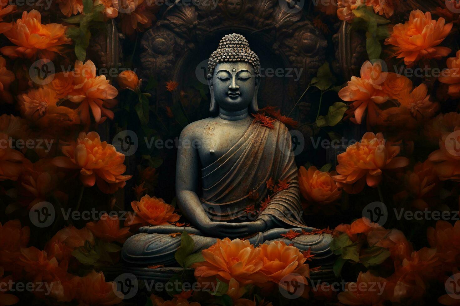 buddha staty omgiven förbi orange blommor på en svart bakgrund ai genererad foto