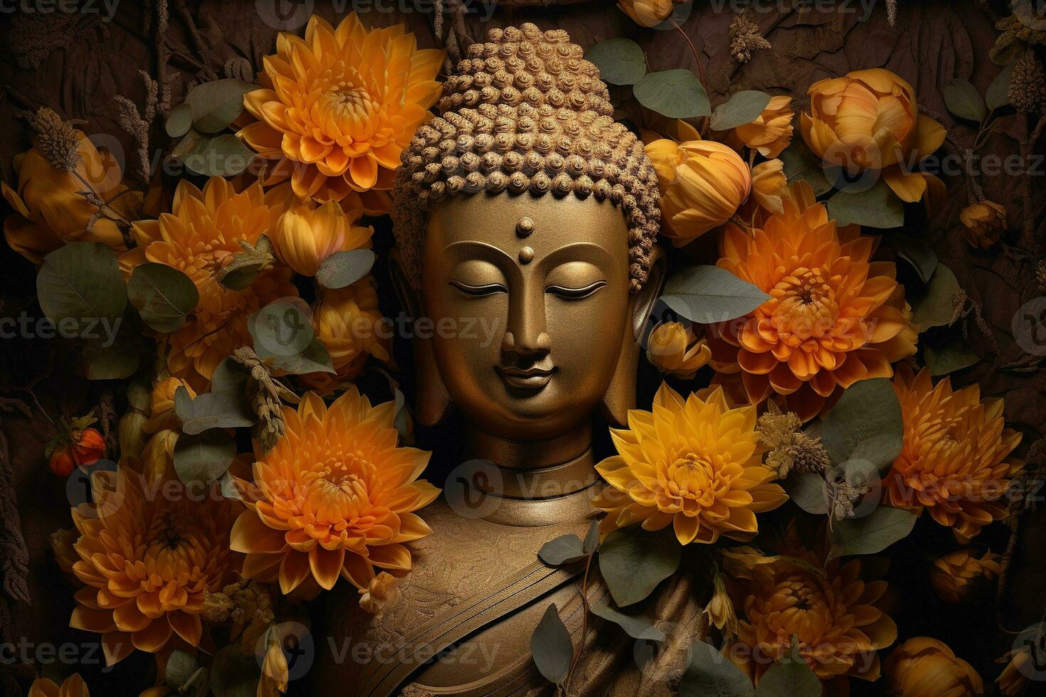 buddha staty omgiven förbi gul blommor ai genererad foto