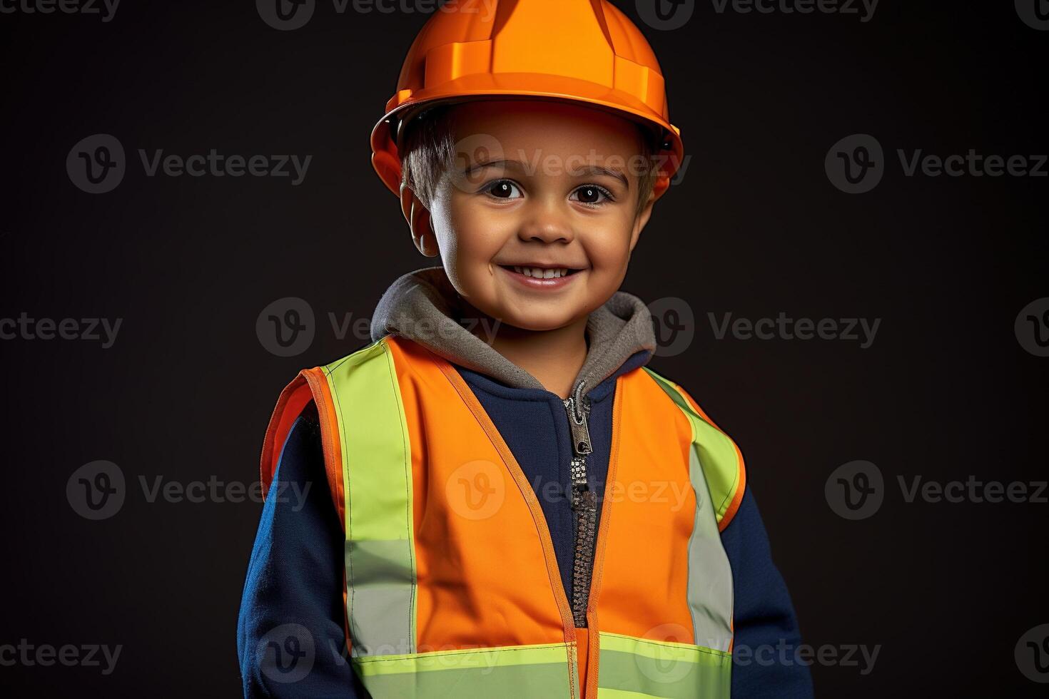 porträtt av en söt liten pojke i en konstruktion hjälm ai genererad foto