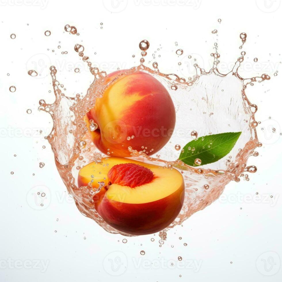 färsk persika i vatten stänk på vit bakgrund. saftig frukt. generativ ai foto