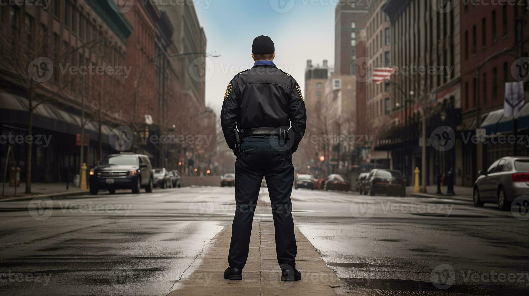 en polis står i de mitten av de gata. tillbaka se. ai generativ foto