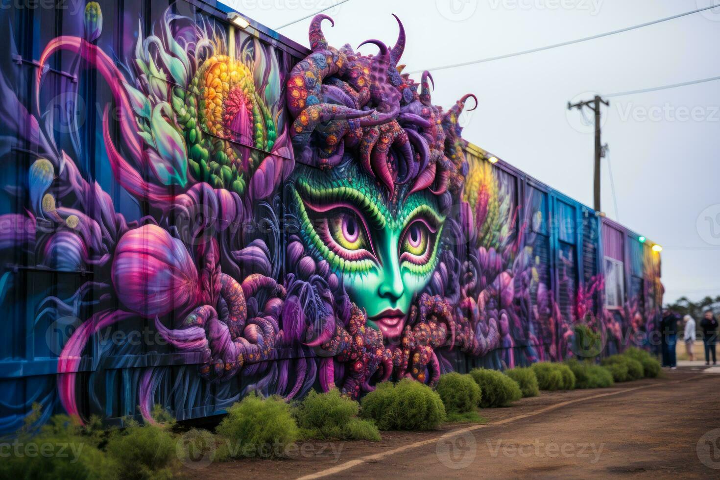 violett graffiti flicka med cannabis blad hår, gata marijuana konst generativ ai foto