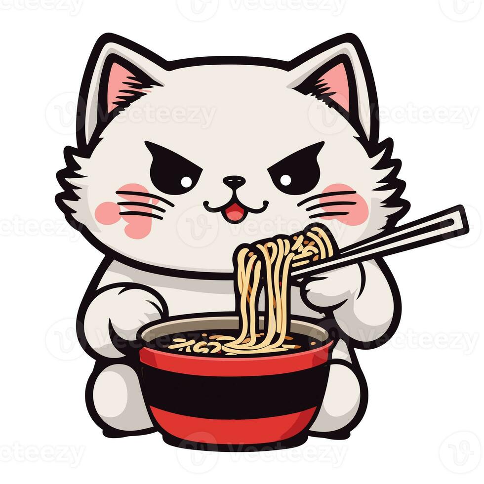 katt äter japansk Ramen soppa söt grafik foto