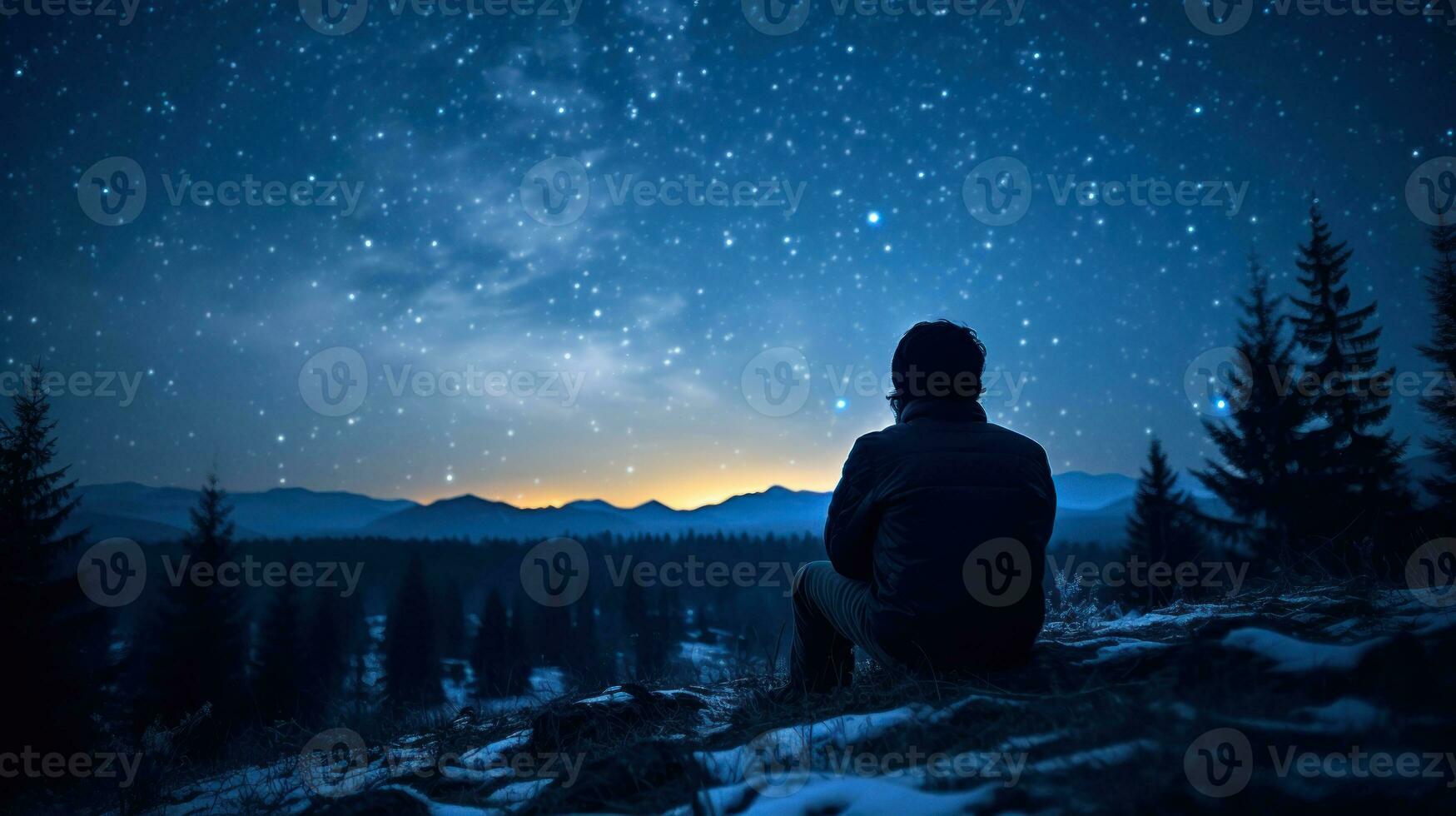 en man på en sten beundrande de starry himmel generativ ai foto
